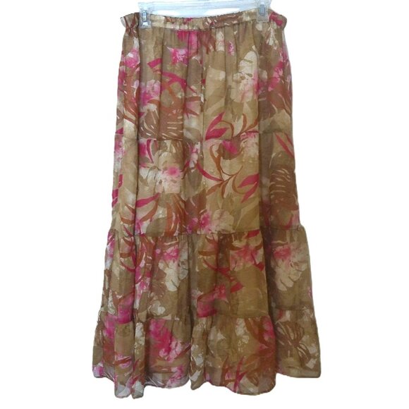 Alfred Dunner Women's size 14 Tiered Floral Brown & Pink Lined Maxi Skirt Boho - Picture 1 of 8
